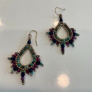 Lulii Blu, Hand Woven Beaded Earrings, Crystals and Glass Beads, 2"L x 1.5" W